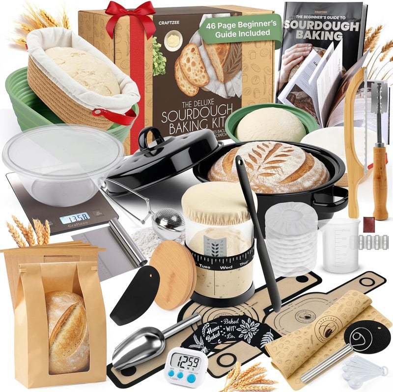 CraftZee Super Deluxe All-Inclusive 𝗣𝗥𝗘𝗠𝗜𝗨𝗠 Sourdough Starter Kit with Pot. Sourdough Bread Baking Supplies, Scale, Oval & Round Baking Slings, 4 proofing Baskets, Bowl, Timer, Beginner Guide & Recipes - Image 1